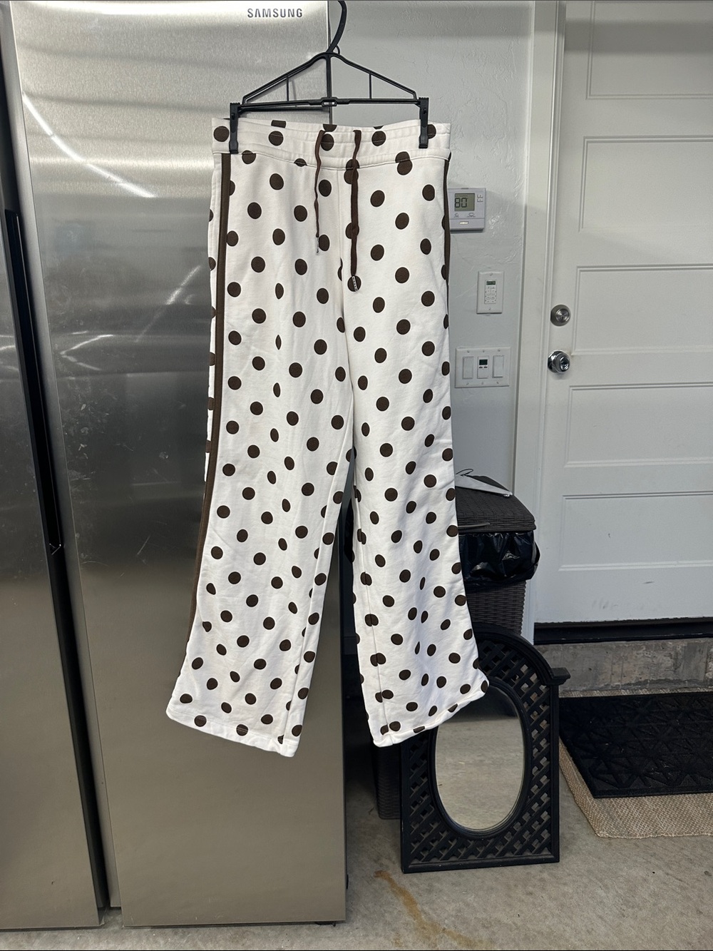 Carbon38 White Wide-Leg Pants with Brown Polka Dots